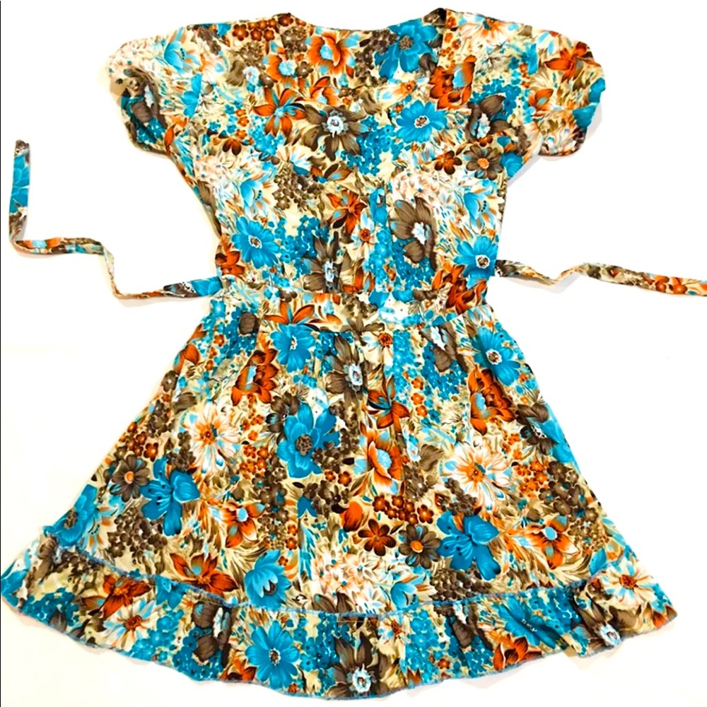 NWT XS 100% Silk Indian Teal Blue floral sundress with roses and belt V Neck